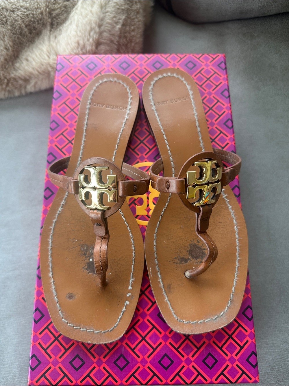 Tory Burch Tan Leather Miller Thong Sandals with Gold Logo